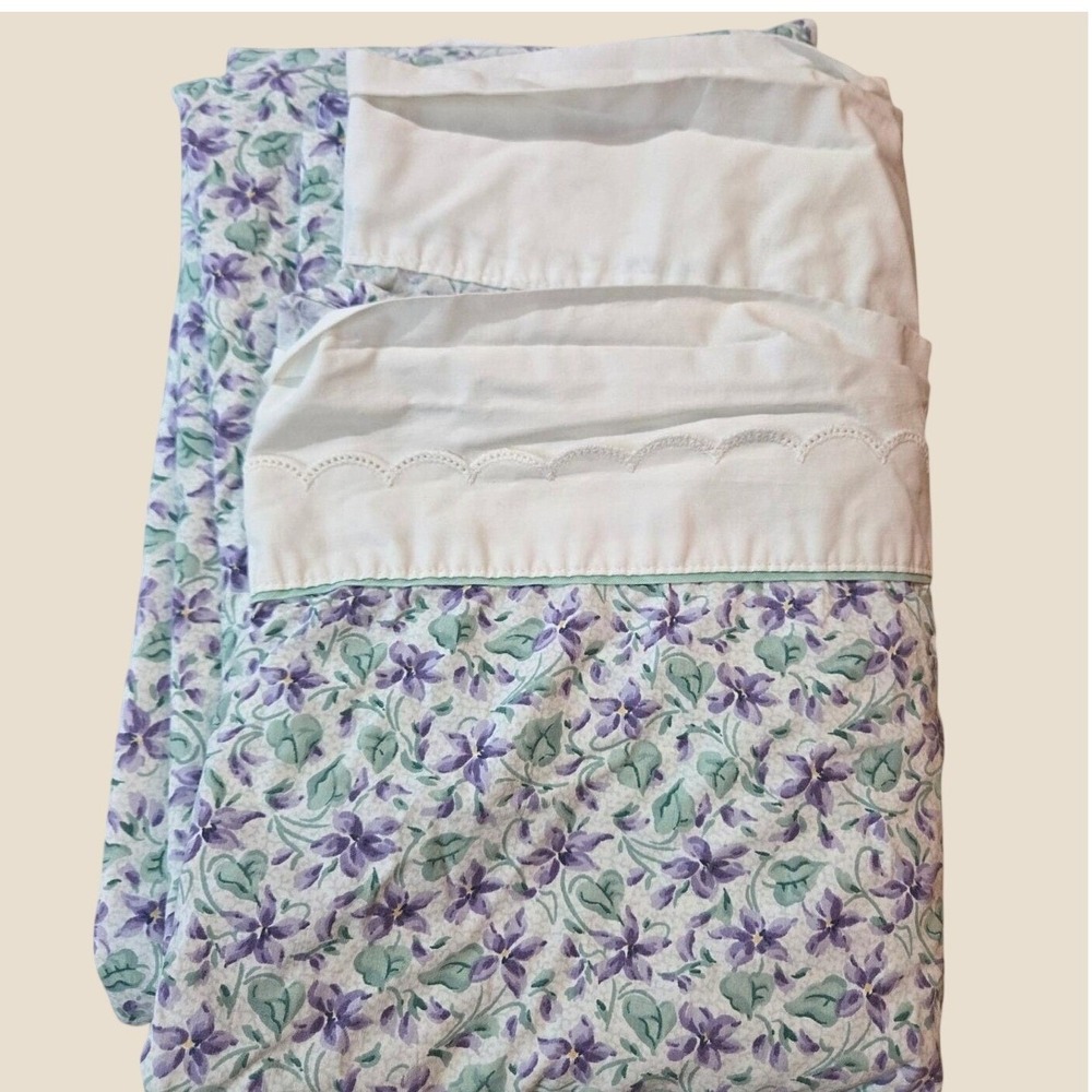 Vintage Full Flat Sheet - violets, pansies, purple, white ruffled edge